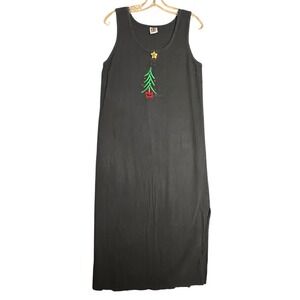 WEK Vintage 90s Christmas Tree Jumper Dress Black Long 100% Cotton Made in USA